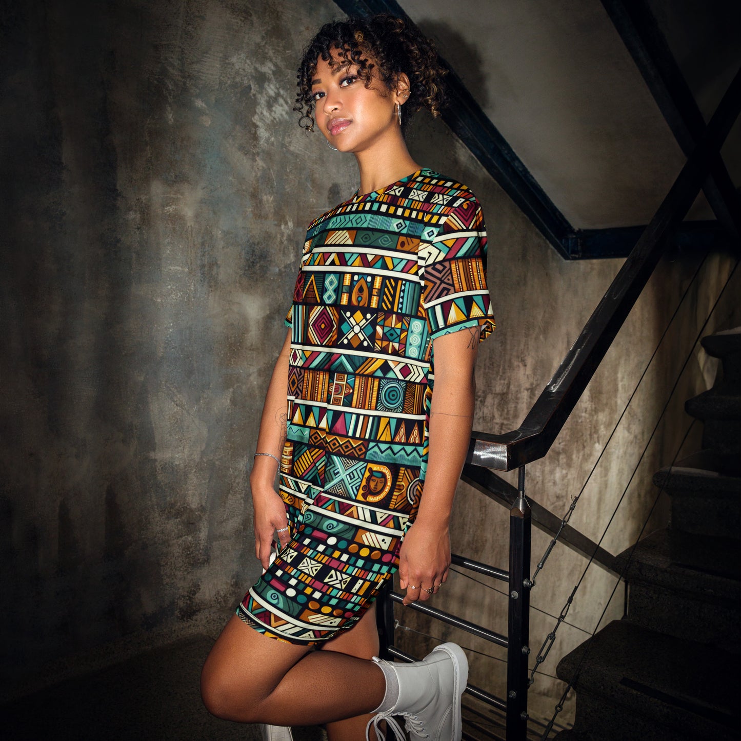 Multicolor Ethnic Print T-shirt dress