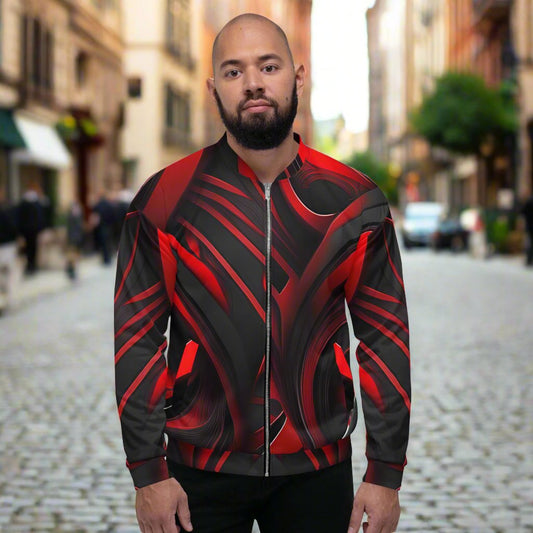 Red Black Abstract Print Unisex Bomber Jacket