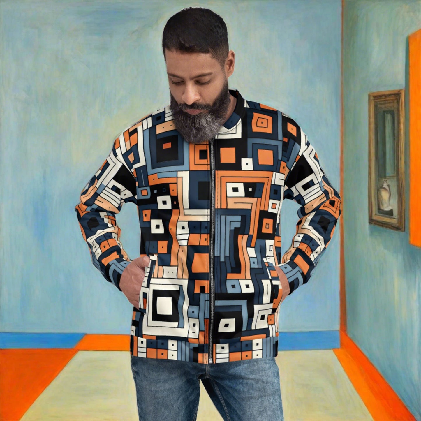 Blue and Orange Geometric Unisex Bomber Jacket