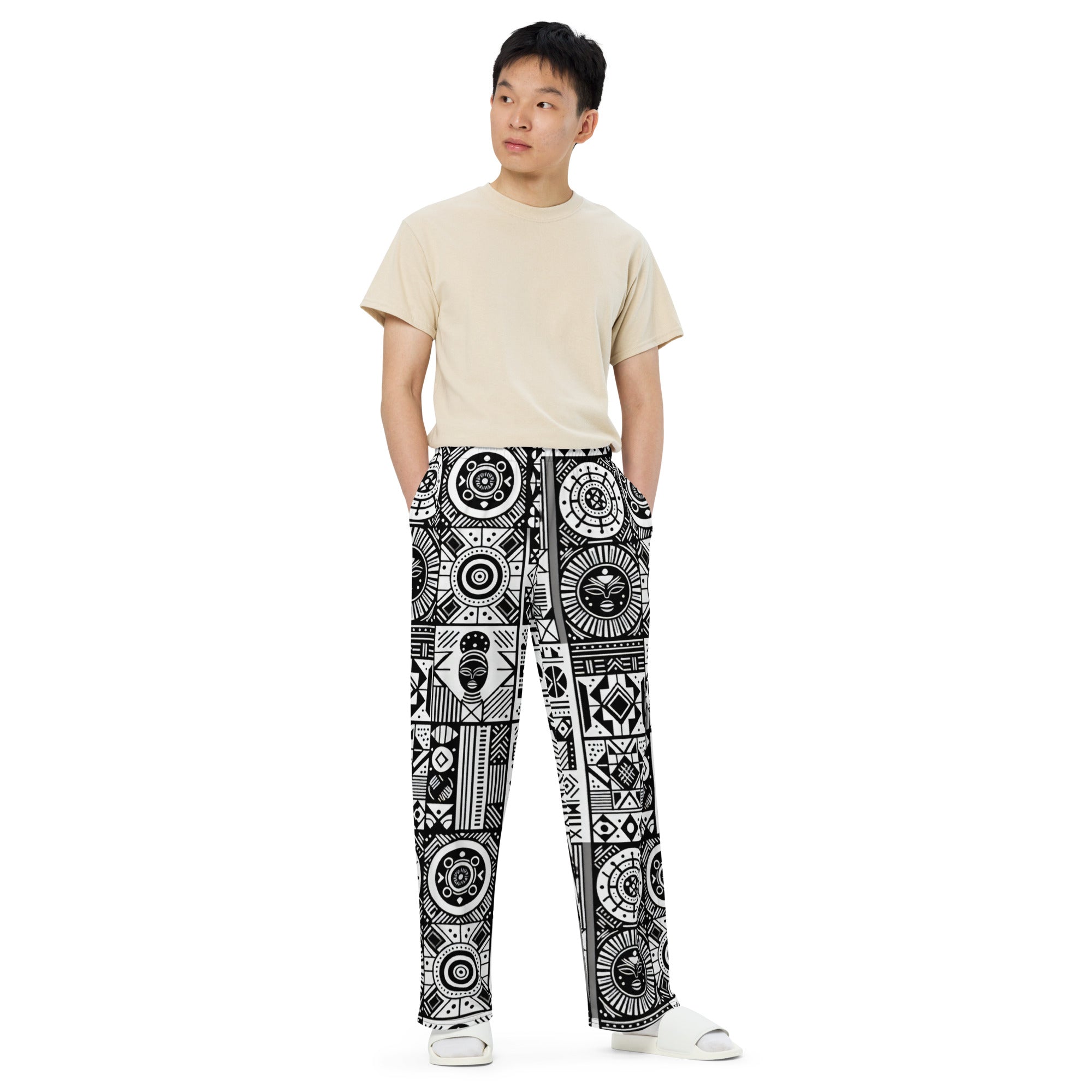 Black and White Tribal unisex wide-leg pants