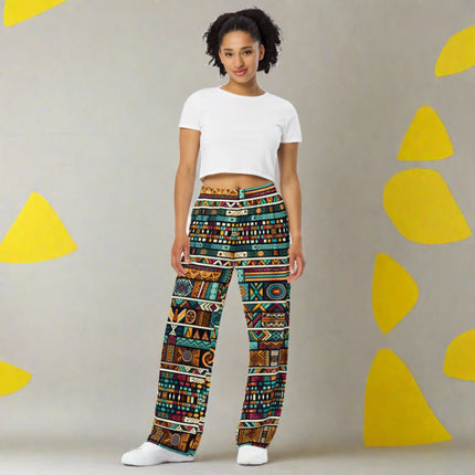 Multicolor Ethnic Print unisex wide-leg pants