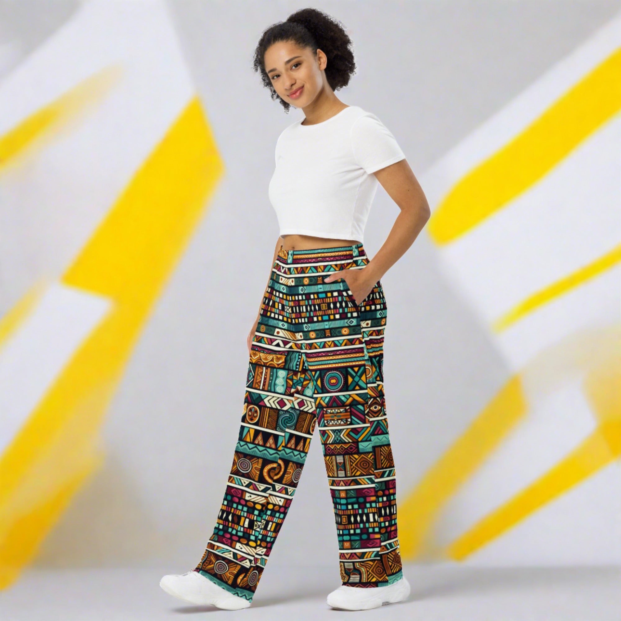 Multicolor Ethnic Print unisex wide-leg pants