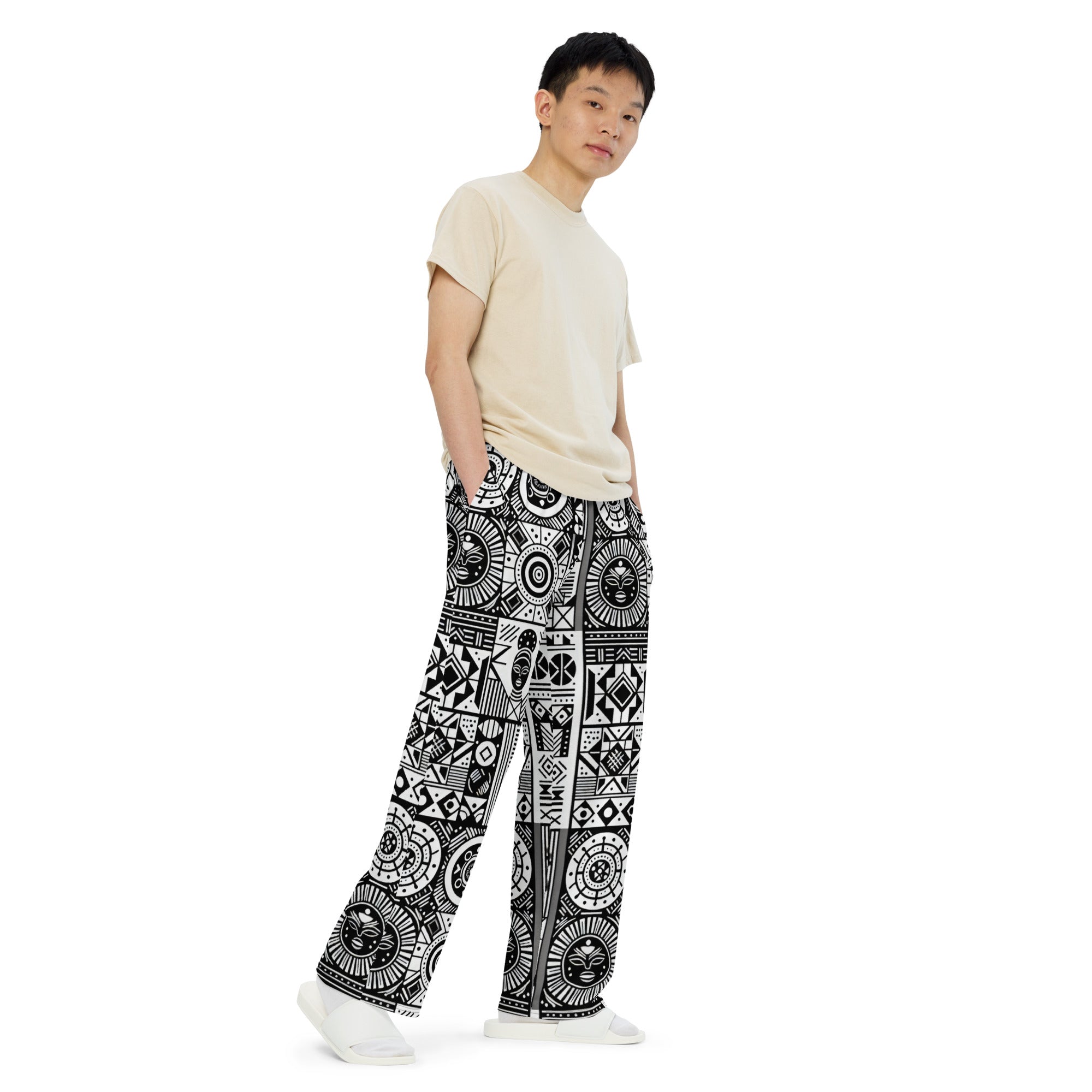 Black and White Tribal unisex wide-leg pants