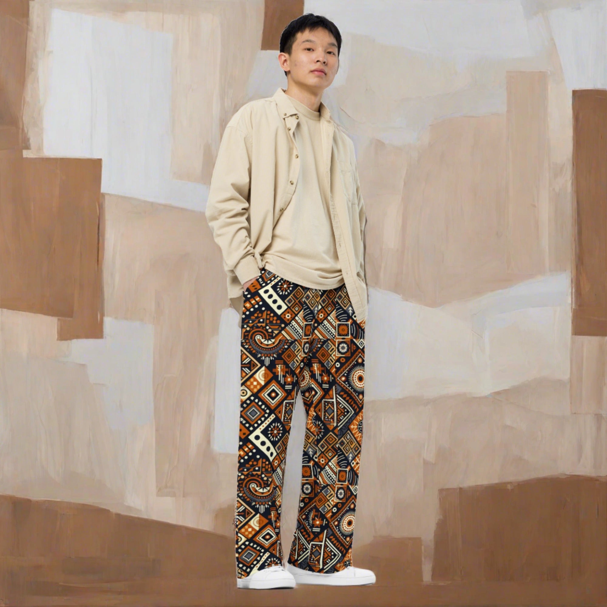 Brown Abstract Squares unisex wide-leg pants