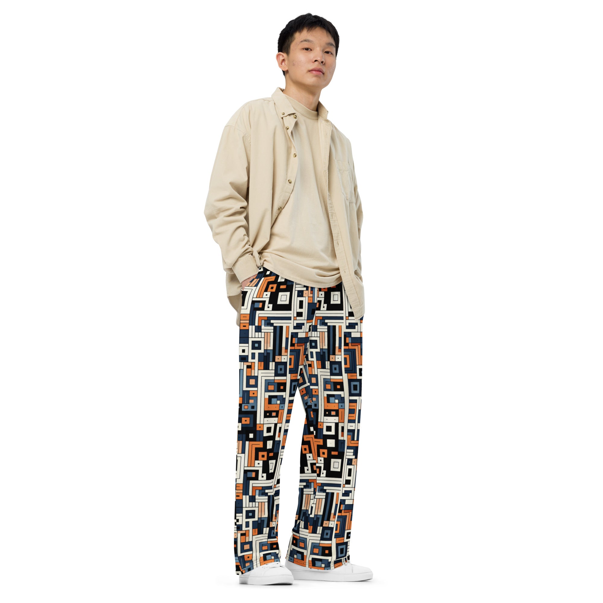 Blue and Orange Geometric unisex wide-leg pants