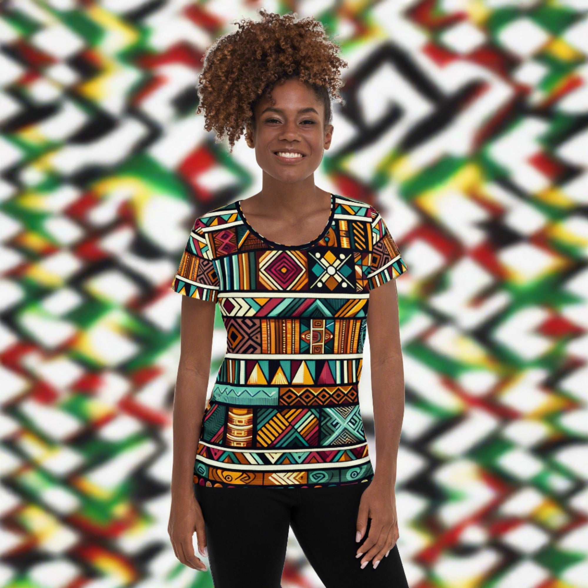 Multicolor Ethnic Print Women's Athletic T-shirt