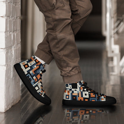 Blue and Orange Geometric Men’s high top canvas shoes