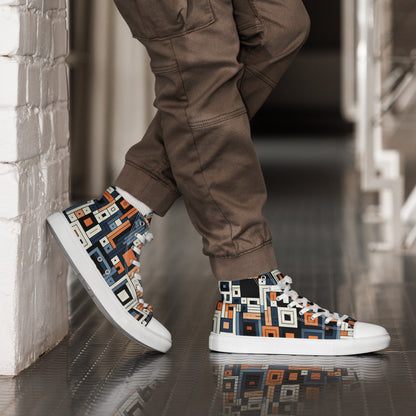 Blue and Orange Geometric Men’s high top canvas shoes