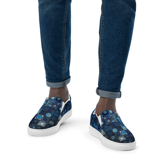 Blue Abstract Squares Men’s slip-on canvas shoes